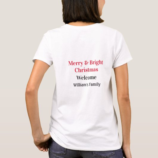 明るいメリークリスマスは家族の名前を歓迎の喜びを追加 Tシャツ (裏面)