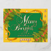 明るいメリークリスマスイエローグリーン 箔シーズンポストカード (正面)