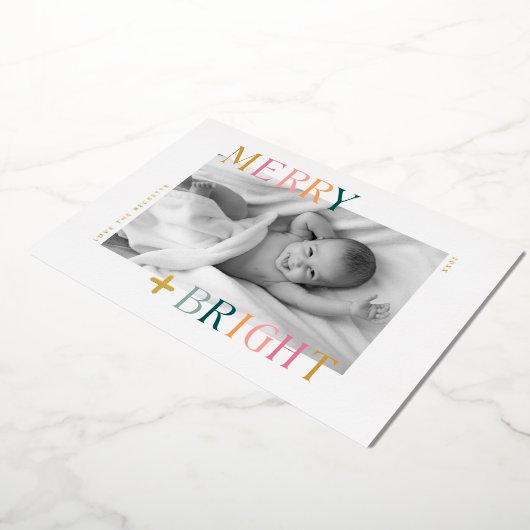 明るいメリークリスマスカラフル写真 箔シーズンカード (回転した状態)
