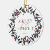 明るいメリークリスマスグリーンリース写真 セラミックオーナメント (左)