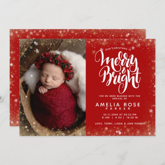 明るいメリークリスマスベビーフォトスノーフレーク誕生 案内状 (正面/裏面)