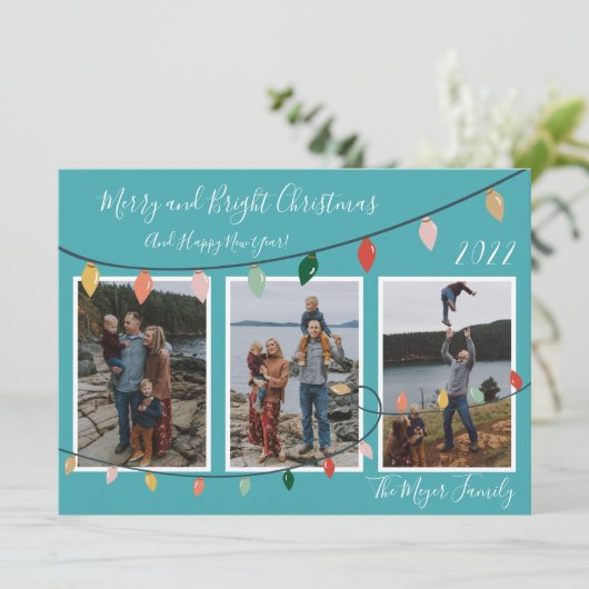 明るいメリークリスマスライトのターコイズ写真 シーズンカード (スタンド正面)