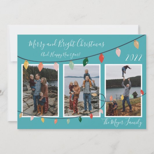 明るいメリークリスマスライトのターコイズ写真 シーズンカード (正面)