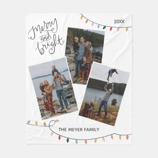 明るいメリークリスマスライトの写真3枚 フリースブランケット (正面)