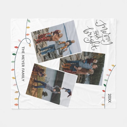 明るいメリークリスマスライトの写真3枚 フリースブランケット (正面(横))