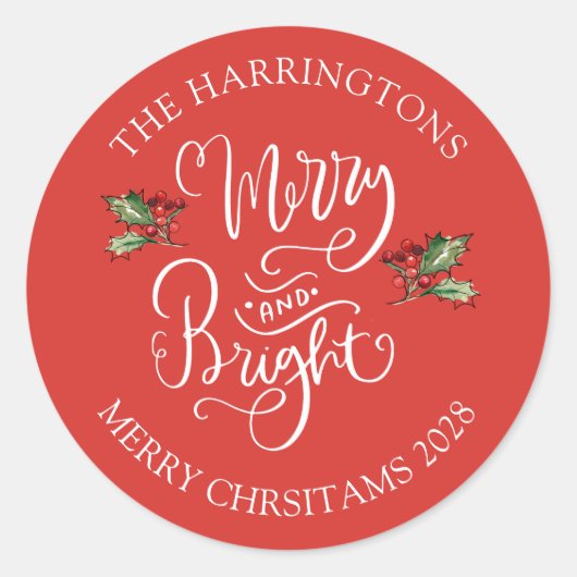 明るいメリークリスマスレッドパーソナライズされたパーティー ラウンドシール (正面)