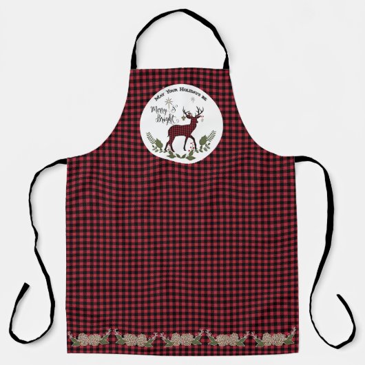 明るいメリークリスマス鹿〔雄ジカの〕枝角バッファローチェック エプロン (正面)