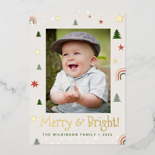 明るいメリークリスマス・パイン・スターズのカスタム写真 箔シーズンカード (正面)