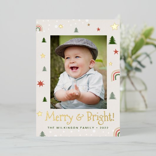 明るいメリークリスマス・パイン・スターズのカスタム写真 箔シーズンカード (立ち正面)