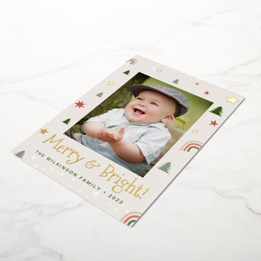 明るいメリークリスマス・パイン・スターズのカスタム写真 箔シーズンカード (回転した状態)