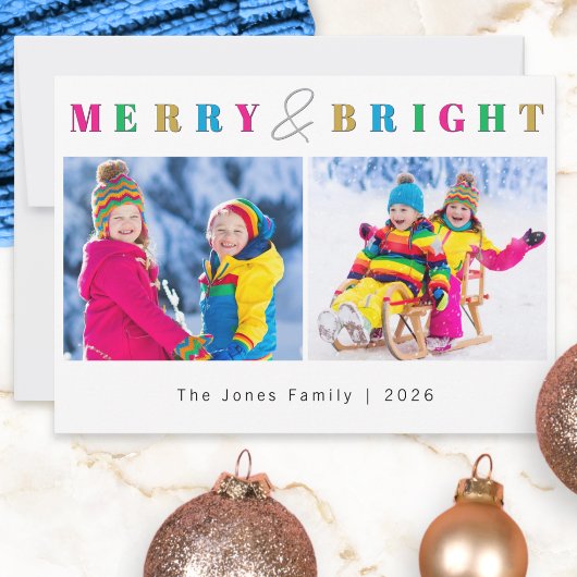 明るいメリークリスマス モダンな家族写真のクリスマスカード 2枚の写真入り シーズンカード