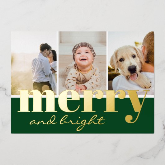 明るいメリーグスタイリッシュリーン3枚の写真クリスマス 箔シーズンカード (正面)
