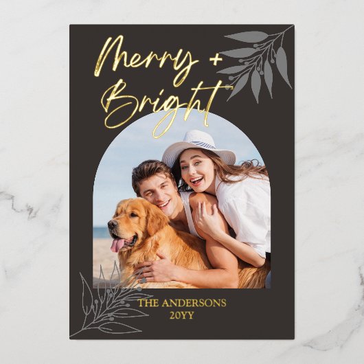 明るいメリースクリプエレガントトアーチ4写真クリスマス 箔シーズンカード (正面)