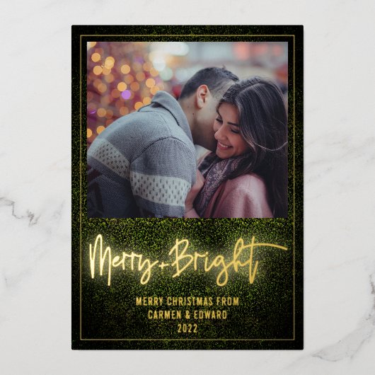 +明るいメリーネオンボクウッドのクリスマス写真 箔招待状 (正面)