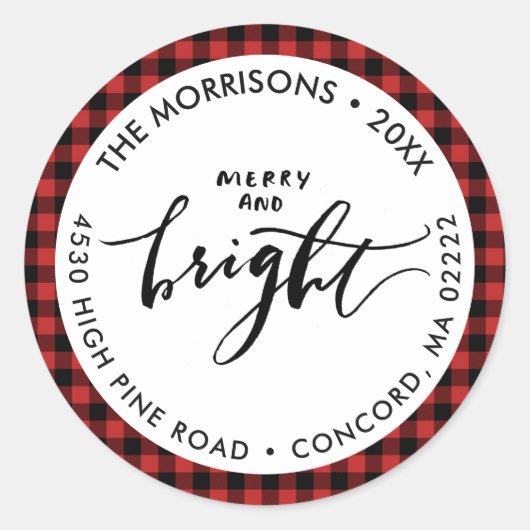 明るいメリーバッファロープレイドクリスマスアドレス ラウンドシール (正面)
