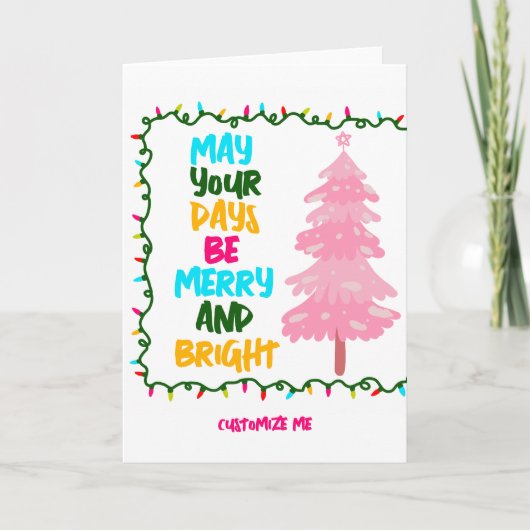 明るいメリーピンクのクリスマスツリーかわいいカスタム シーズンカード (正面)