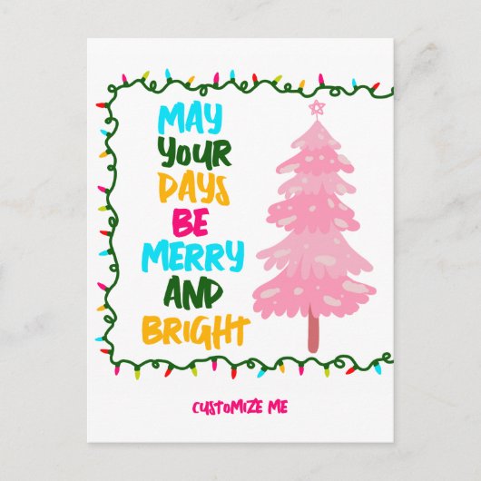 明るいメリーピンクのクリスマスツリーかわいいカスタム シーズンポストカード (正面)