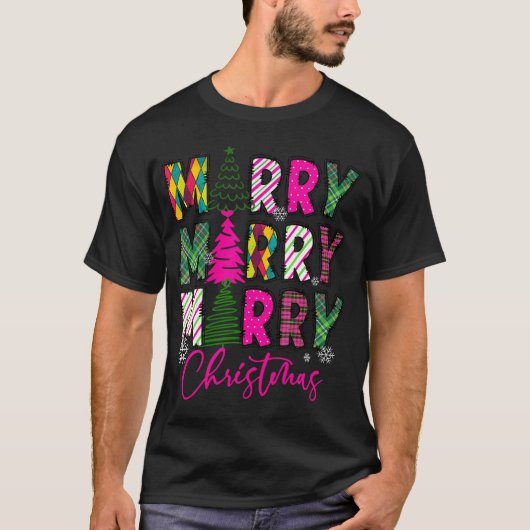 明るいメリーピンクのクリスマスツリーピンク Tシャツ (正面)