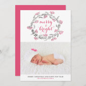 明るいメリーピンクのクリスマスリース写真 シーズンカード (正面/裏面)