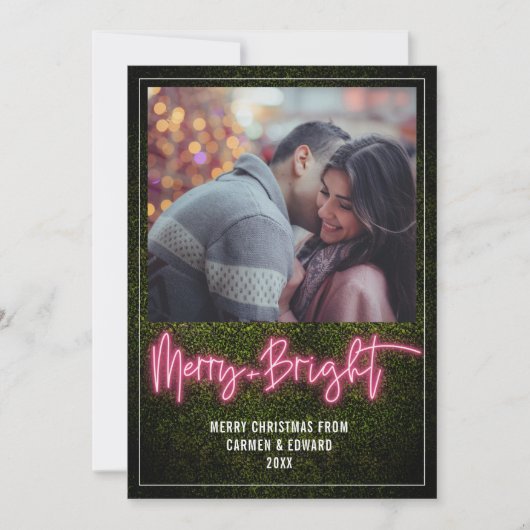 +明るいメリーピンクのネオンボクウッドクリスマスフォト シーズンカード (正面)