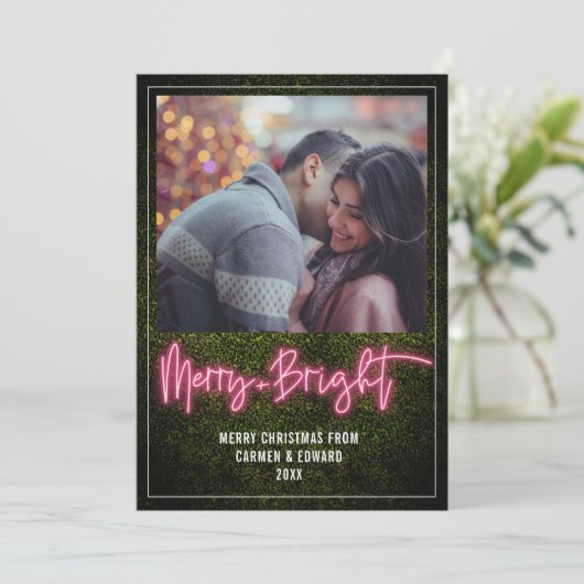 +明るいメリーピンクのネオンボクウッドクリスマスフォト シーズンカード (スタンド正面)