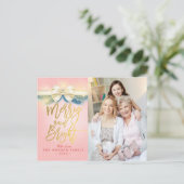 明るいメリーピンクの金ゴールドリボンのグリーティングフォト シーズンポストカード (スタンド正面)