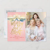 明るいメリーピンクの金ゴールドリボンのグリーティングフォト シーズンポストカード (正面/裏面)