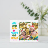 明るいメリーピンク色の青いクリスマスライト写真 シーズンポストカード (スタンド正面)