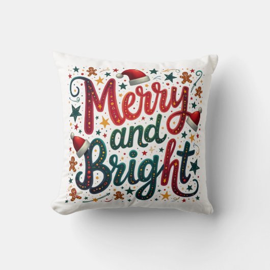 明るいメリーフェスティバルカラフルレトロタイポグラフィ クッション (正面)