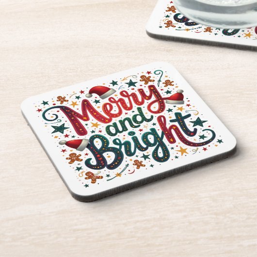 明るいメリーフェスティバルカラフルレトロタイポグラフィ コースター (左側)