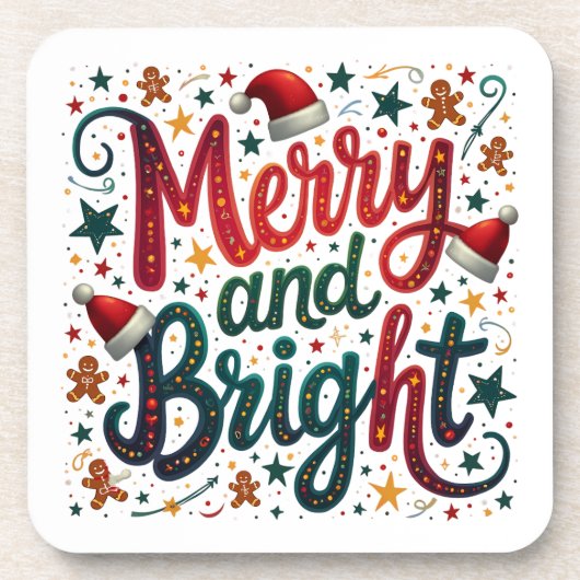 明るいメリーフェスティバルカラフルレトロタイポグラフィ コースター (正面)