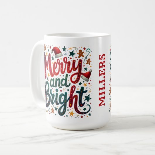 明るいメリーフェスティバルカラフルレトロタイポグラフィ コーヒーマグカップ (正面左)