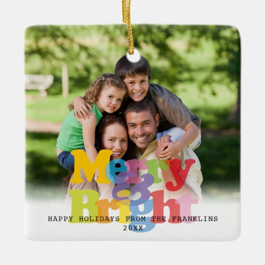 明るいメリーフォトクリスマスホリデー セラミックオーナメント (正面)