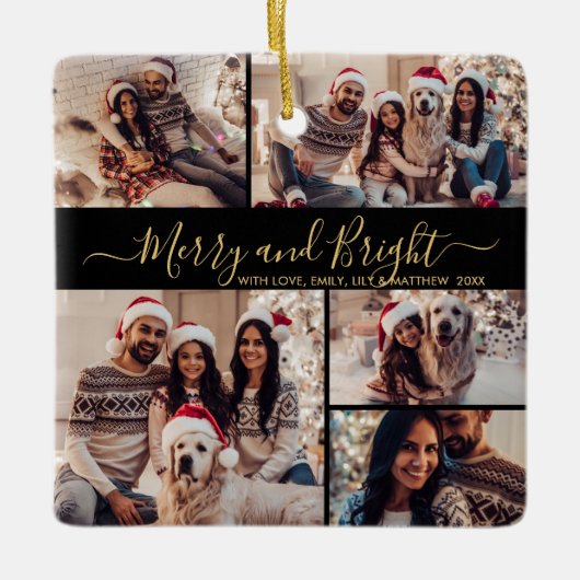 明るいメリーブラック金ゴールド5写真クリスマス セラミックオーナメント (正面)