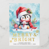 明るいメリーペンギンの青い赤い金ゴールドのクリスマス 箔シーズンカード (正面)