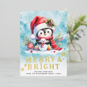 明るいメリーペンギンの青い赤い金ゴールドのクリスマス 箔シーズンカード (立ち正面)