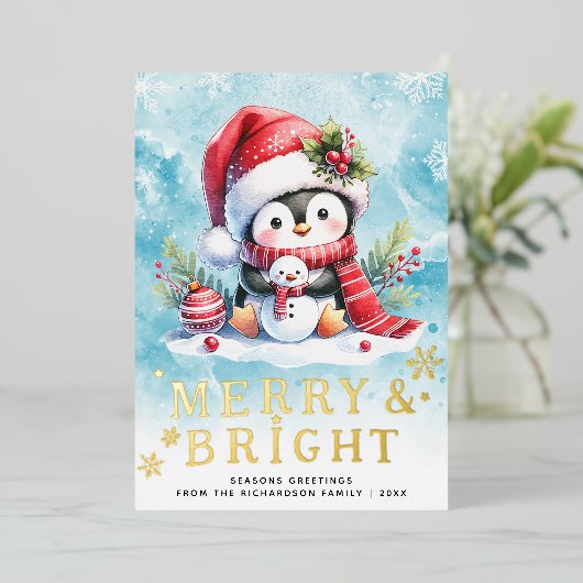 明るいメリーペンギンの青い赤い金ゴールドのクリスマス 箔シーズンカード (立ち正面)
