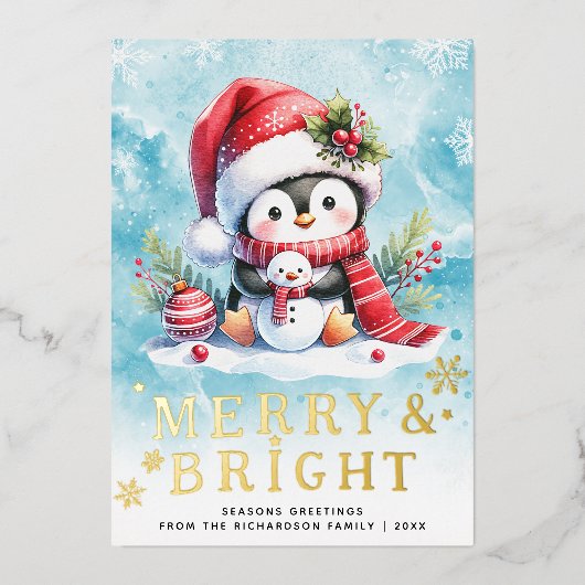 明るいメリーペンギンの青い赤い金ゴールドのクリスマス 箔シーズンカード (正面)