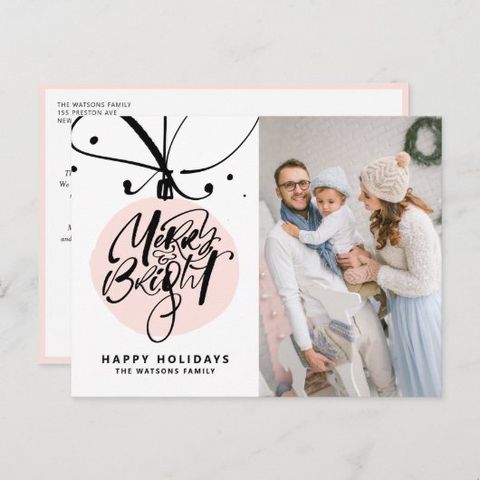 明るいメリーレタリングピンクのオーナメント写真 シーズンポストカード (正面/裏面)