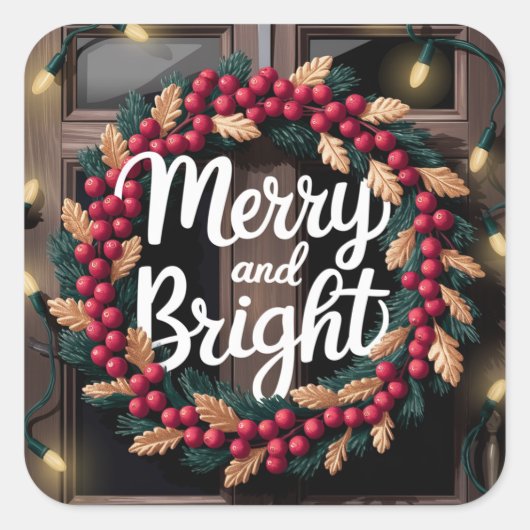 明るいメリーレッドベリーリースクリスマス スクエアシール (正面)