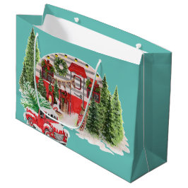 明るいメリーレトロな赤トラッククリスマスブルースカイ ラージペーパーバッグ