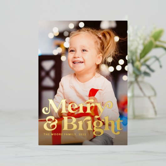 明るいメリーレトロの縦写真クリスマス 箔シーズンカード (立ち正面)