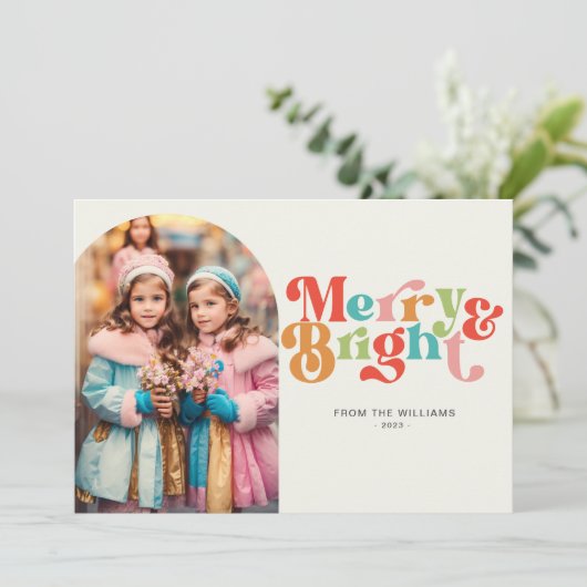 明るいメリーレトロフォトクカラフルリスマス シーズンカード (スタンド正面)
