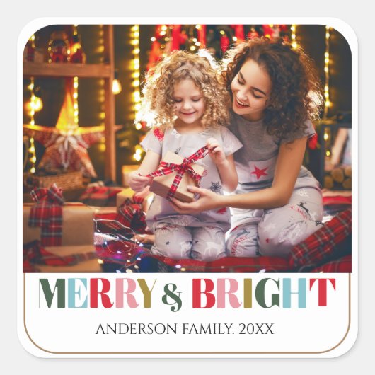 明るいメリーレトロホワイトファミリーフォトセラミック スクエアシール (正面)