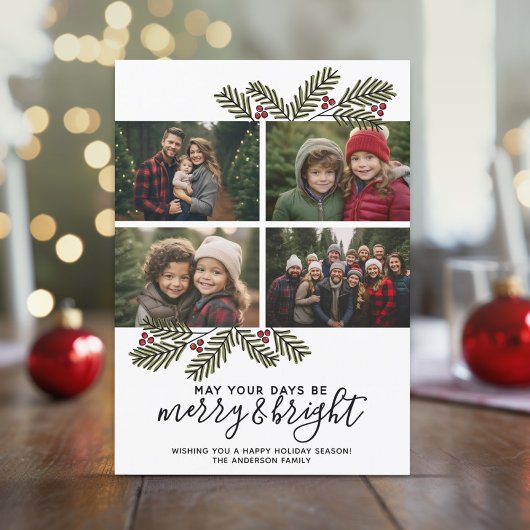 明るいメリーレトロ4写真クリスマスパイン枝 シーズンカード