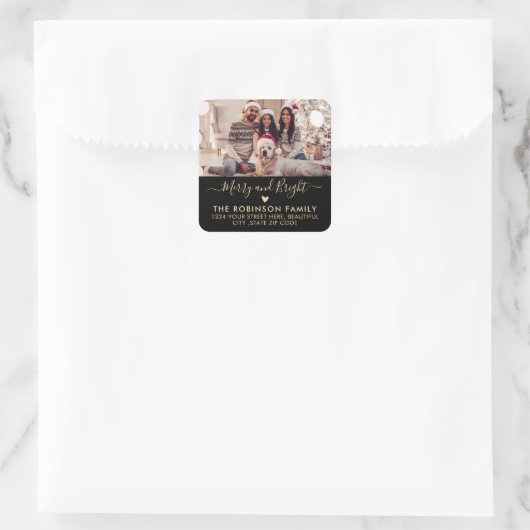 明るいメリー写真のクリスマス差出人住所 スクエアシール (バッグ)