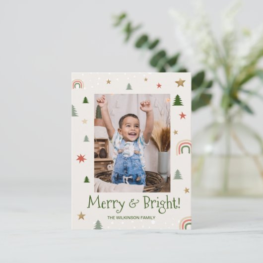 明るいメリー可愛い家族モダン写真クリスマス シーズンポストカード (スタンド正面)