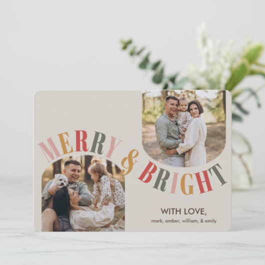 明るいメリー家族のモダン写真クリスマス シーズンカード (スタンド正面)