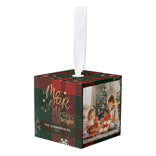明るいメリー家族の写真クリスマス休暇 キューブオーナメント (正面アングル)