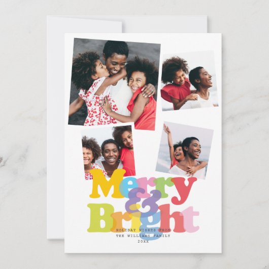明るいメリー家族4写真コラージクリスマス シーズンカード (正面)